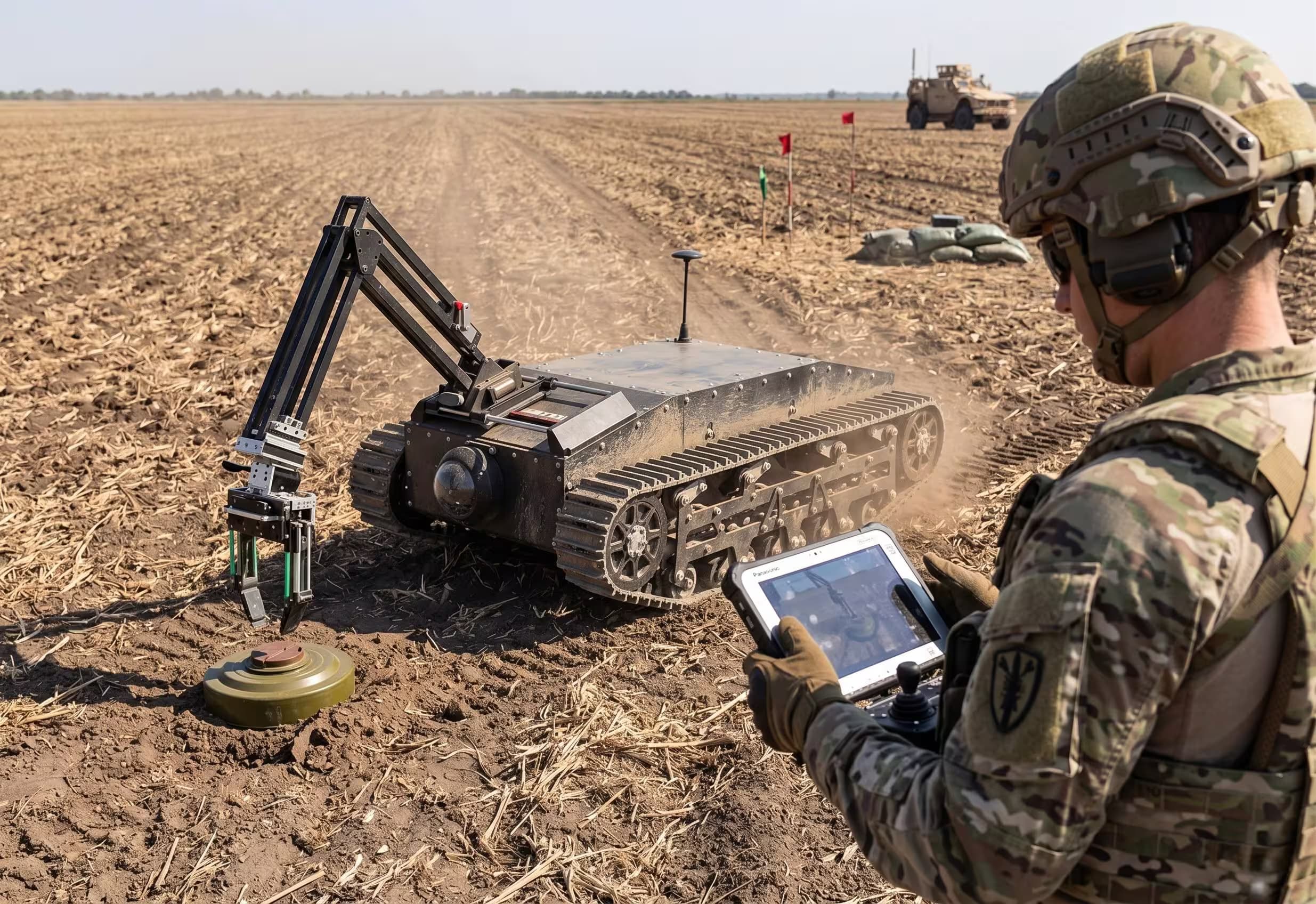 Demining robot with operator in the field